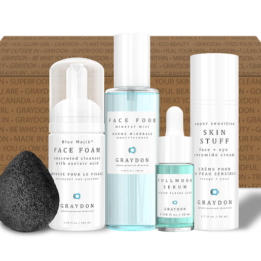 The five skincare products included in the Clean Beauty Starter Kit against a Graydon Skincare cardboard box